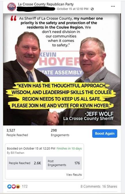 Post removed from La Crosse County Sheriff endorsement